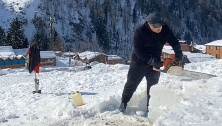 Ayder’de festival için ağaç motoru ile karı keserek iglo yaptılar