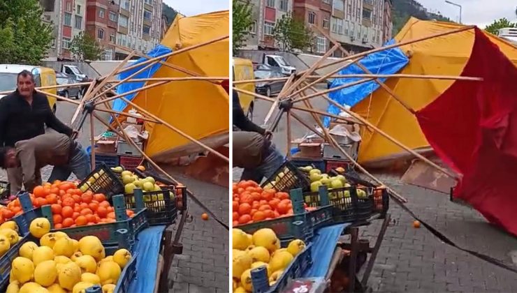 Artvin’de fırtına etkili oldu; tezgahlar devrildi, sebze ve meyveler yola döküldü
