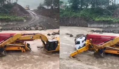 Artvin’de iş makineleri bir anda yükselen dere sularının ortasında kaldı